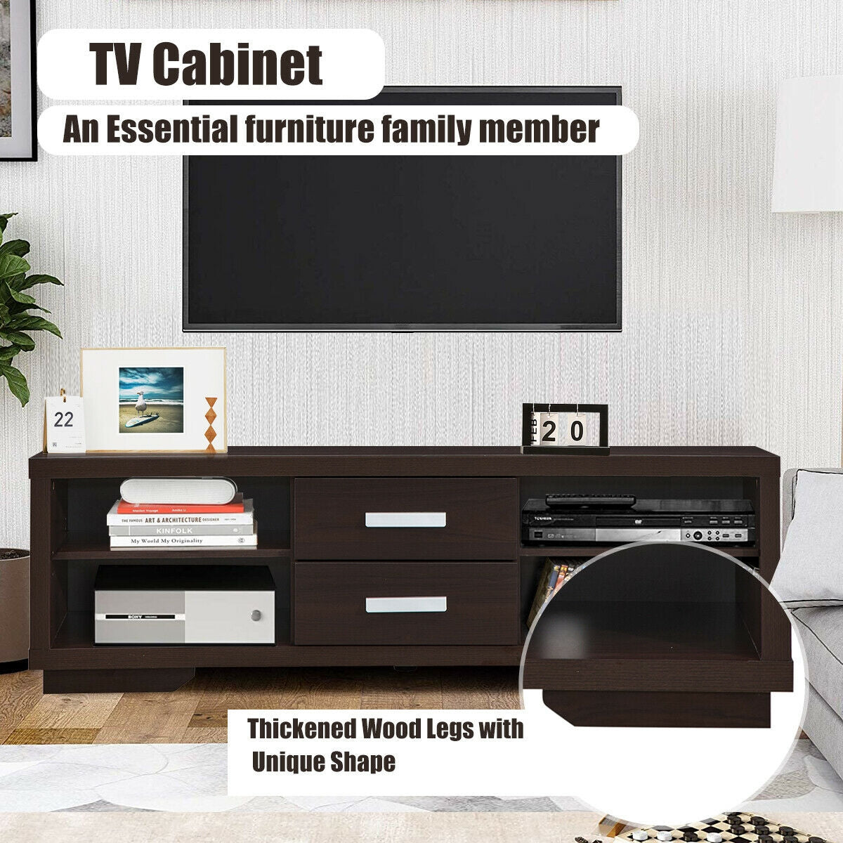 Mueble de TV Moderno Centro de Entretenimiento con 2 Cajones y 4 Estantes Abiertos