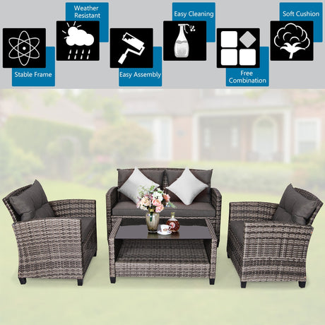 Juego de muebles de patio de ratán de 4 piezas con mesa de centro y sofá acolchado - Gris