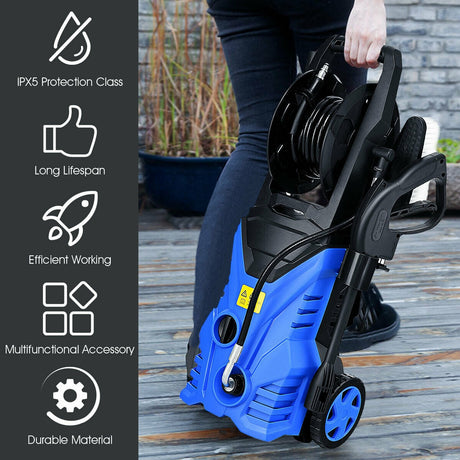 Limpiadora a presión eléctrica de 1800W y 2030PSI con carrete para manguera