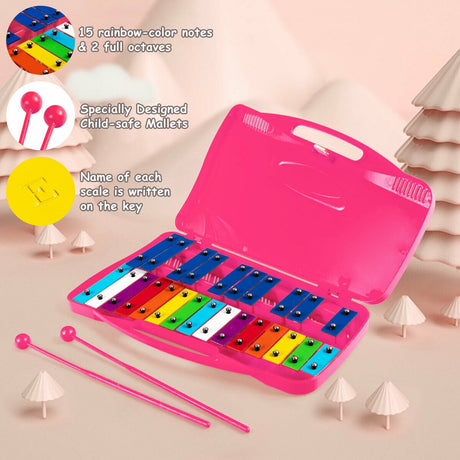 Glockenspiel de 25 notas para niños, xilófono cromático de metal - Rosa