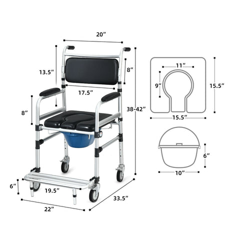 Silla de ruedas de aluminio 2 en 1 para ducha e inodoro con ruedas con bloqueo