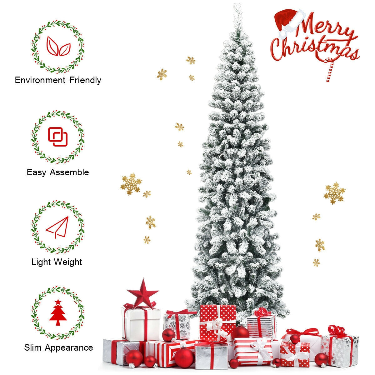 Árbol de Navidad artificial angosto de 2.28 m con bisagras, sin luces, efecto nieve y 641 puntas