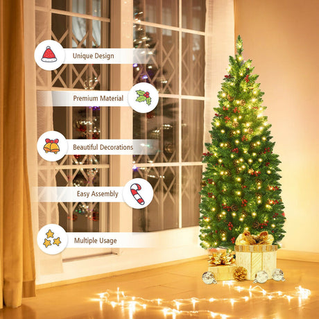 Árbol de Navidad estrecho preiluminado de 4.5 pies con bisagras, piñas, bayas rojas y 150 luces