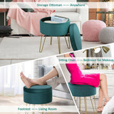 Taburete otomano redondo de terciopelo con almacenamiento, reposapiés, silla de tocador con patas de metal