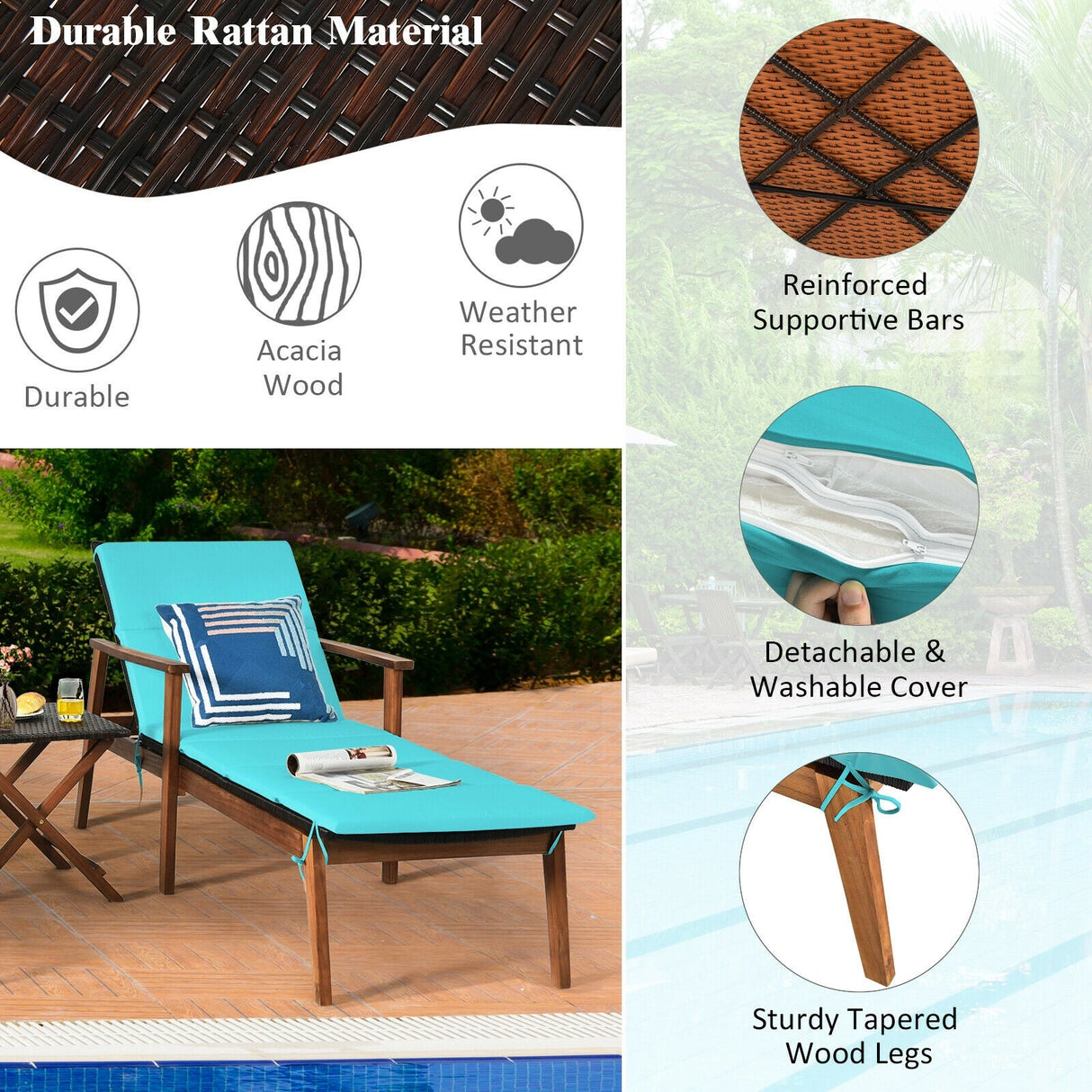 Juego de 3 Sillones Reclinables Portátiles de Ratán Acolchados para Patio con Mesa Plegable