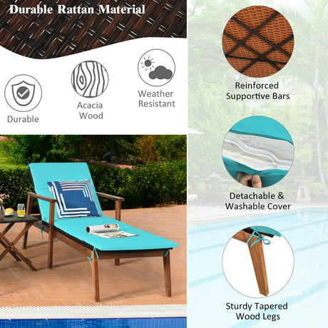 Juego de 3 Sillones Reclinables Portátiles de Ratán Acolchados para Patio con Mesa Plegable