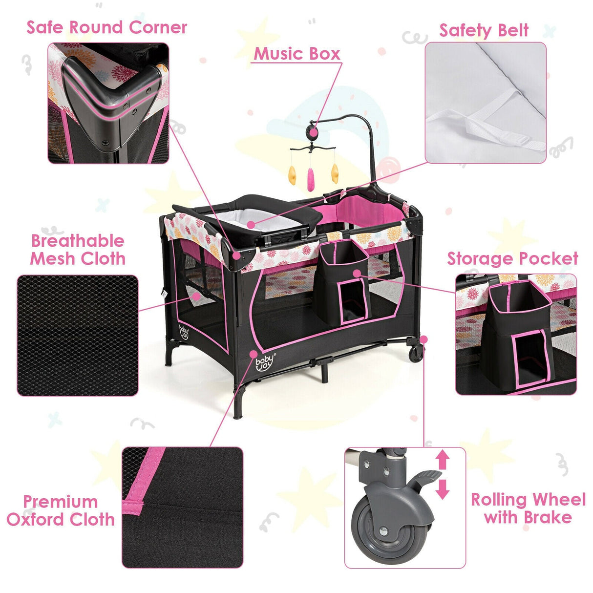 Corral de bebé portátil convertible 3 en 1 con caja de música, ruedas y frenos