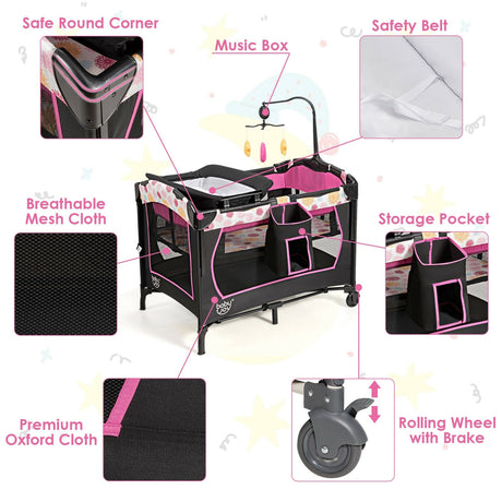 Corral de bebé portátil convertible 3 en 1 con caja de música, ruedas y frenos