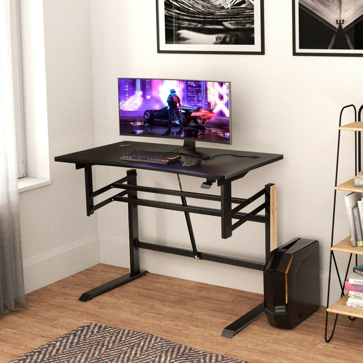 Escritorio de juegos neumático de altura ajustable en forma de T con bandeja para regleta - Negro