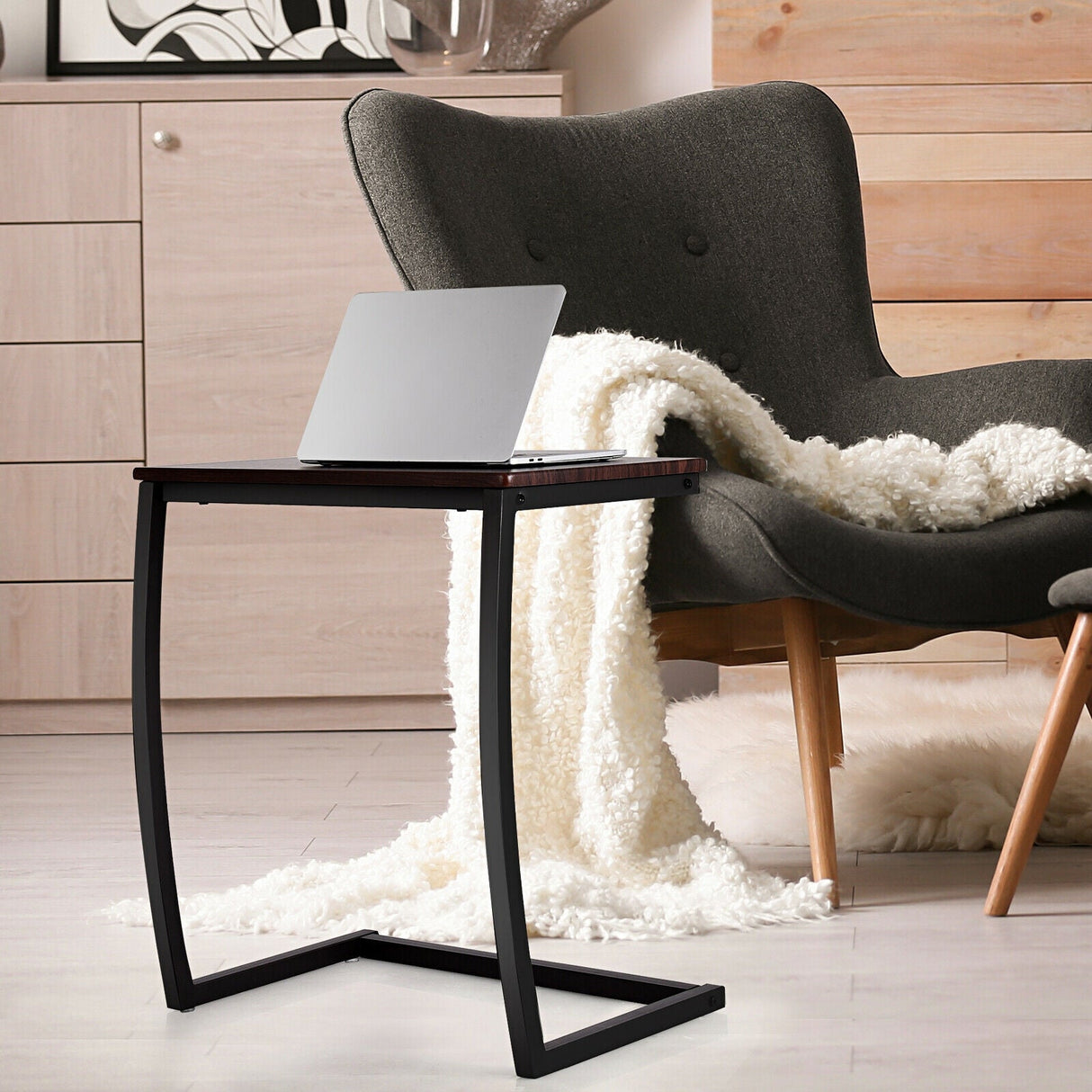 Mesa Auxiliar Sofá Lateral en C con Estructura de Acero - Café
