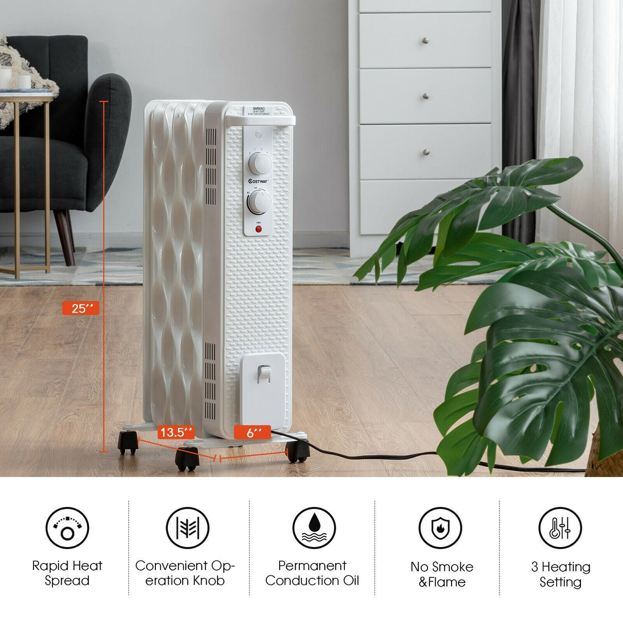 Calefactor de aceite de 1500 W, radiador portátil con termostato ajustable