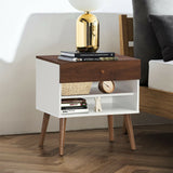 Mesita de Noche Mid-Century con Cajón y Patas de Madera de Caucho