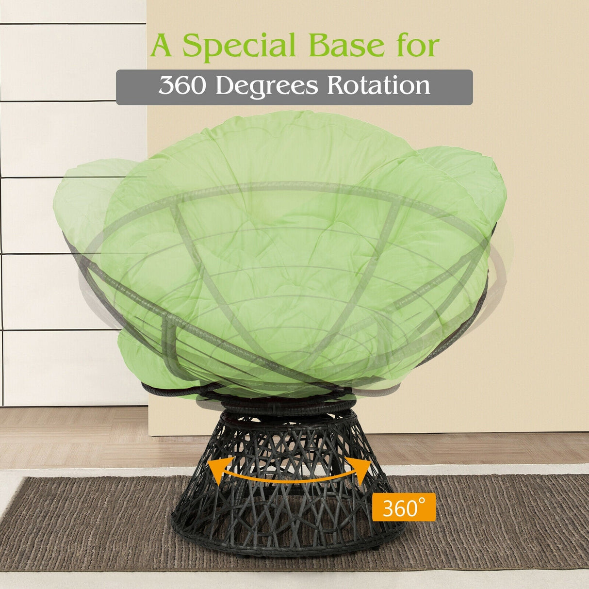 Sillón Papasan de Ratán Ergonómico Giratorio 360 Grados Cojín Suave para Jardín
