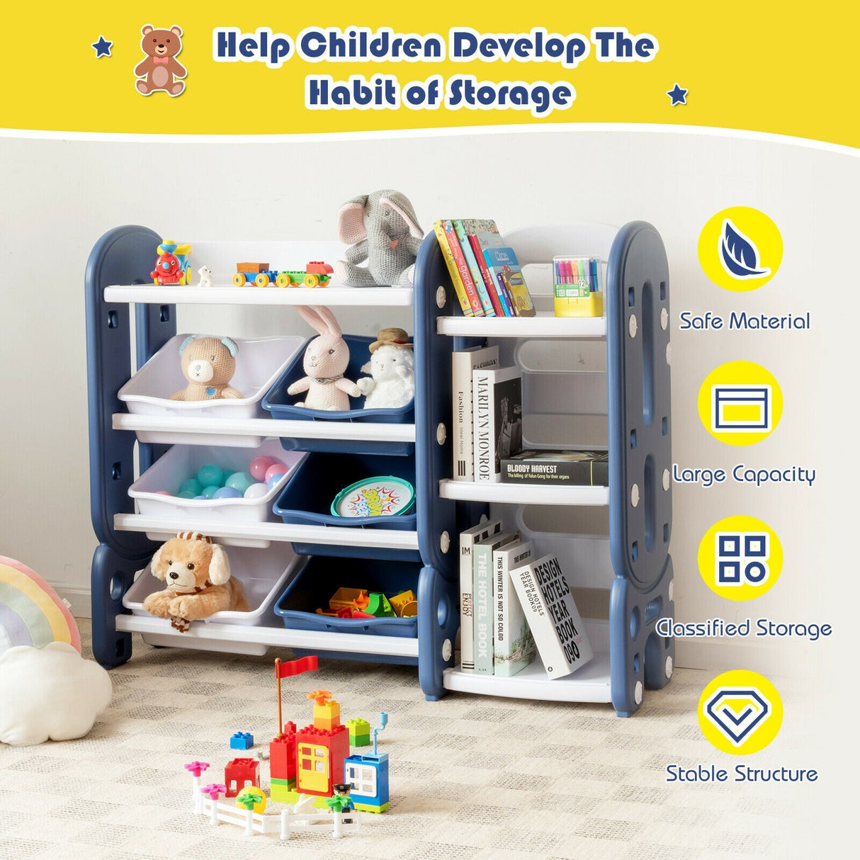 Organizador de almacenamiento de juguetes para niños con cubos y estante multicapa para dormitorio o sala de juegos