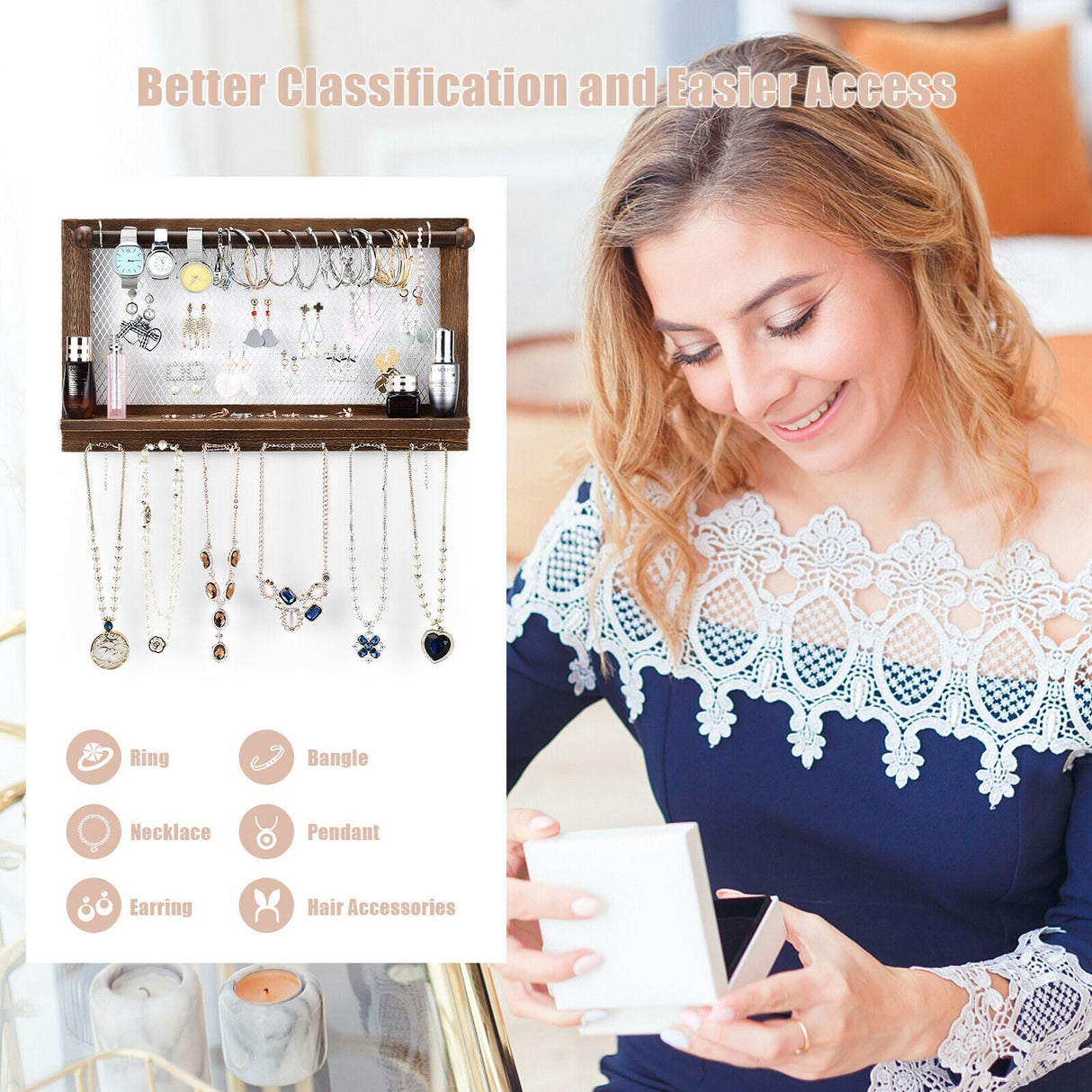 Expositor de joyas de pared con barra extraíble para pulseras