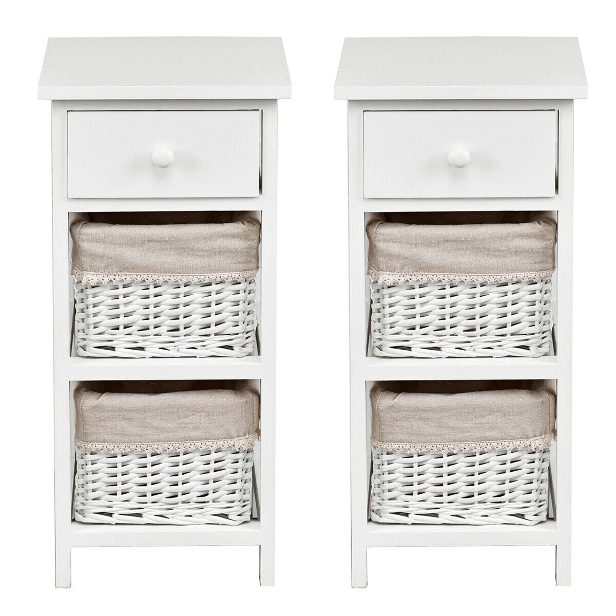 Mesa auxiliar de noche para dormitorio con cajones y cestas, 2 unidades, color blanco