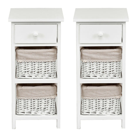 Mesa auxiliar de noche para dormitorio con cajones y cestas, 2 unidades, color blanco