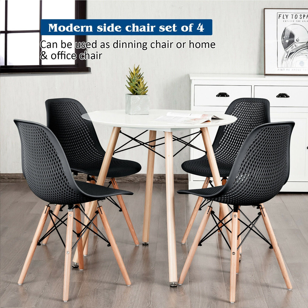 Juego de 4 sillas de plástico modernas con diseño calado y patas de madera