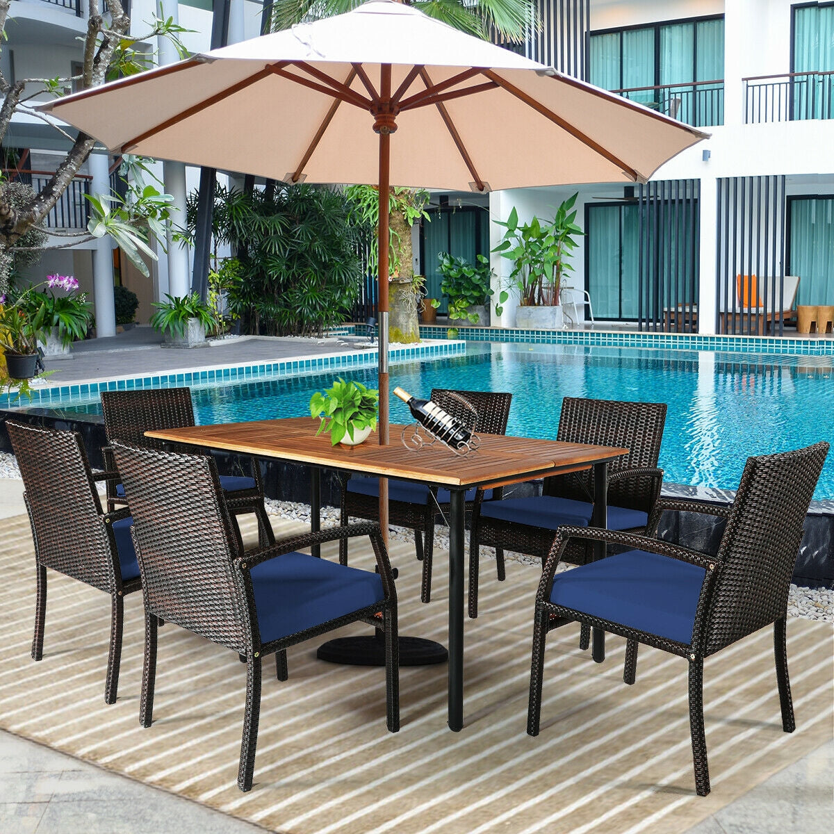 Juego de comedor de ratán acolchado de 7 piezas para patio con agujero para sombrilla