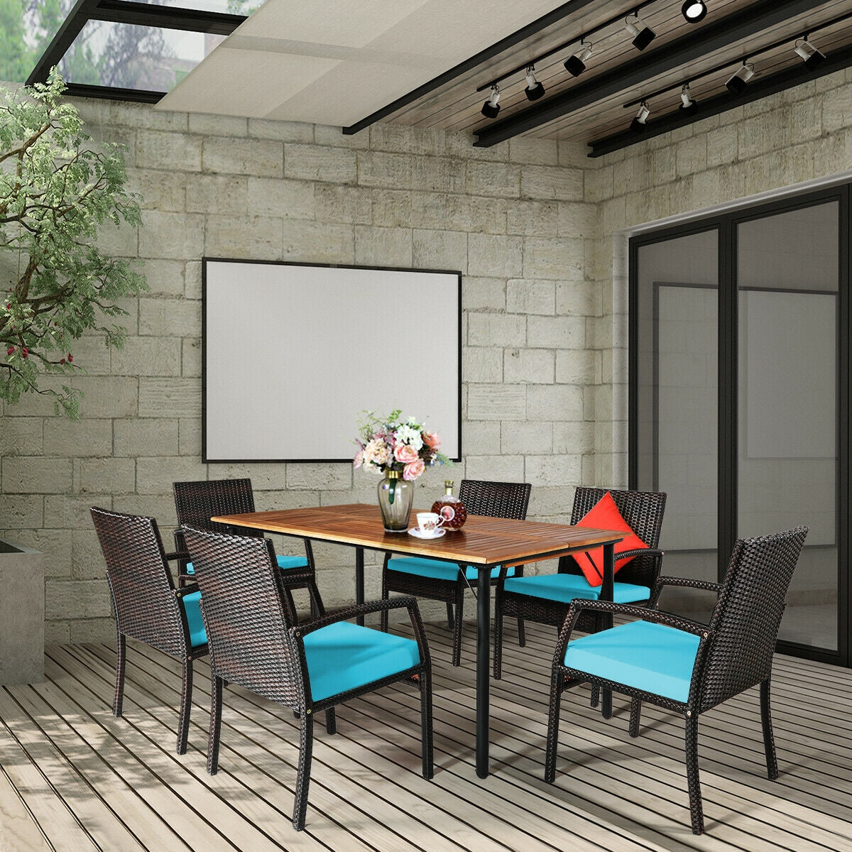 Juego de comedor de ratán acolchado de 7 piezas para patio con agujero para sombrilla