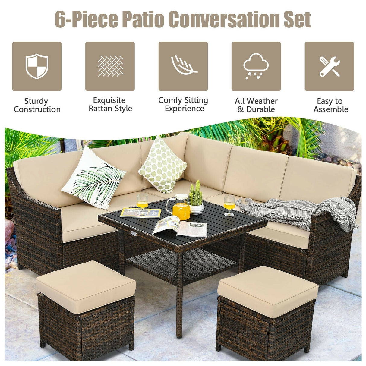 Juego de Muebles de Sofá de Ratán para Patio de 6 Piezas