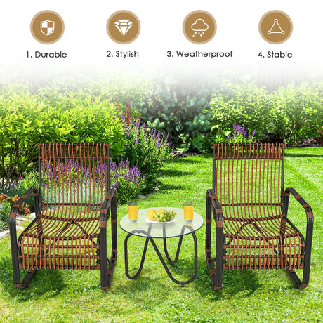 Juego de Muebles de Patio de Ratán de 3 Piezas con 2 Sillas Individuales de Mimbre y Mesa Auxiliar de Cristal