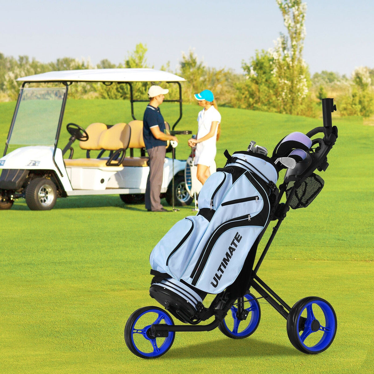 Carro de golf plegable de 3 ruedas con freno, marcador y mango ajustable