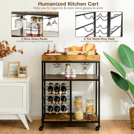 Carrito de Servicio de Cocina Rodante de Madera de 3 Niveles con Soporte para 9 Botellas de Vino, Estructura Metálica - Marrón Rústico