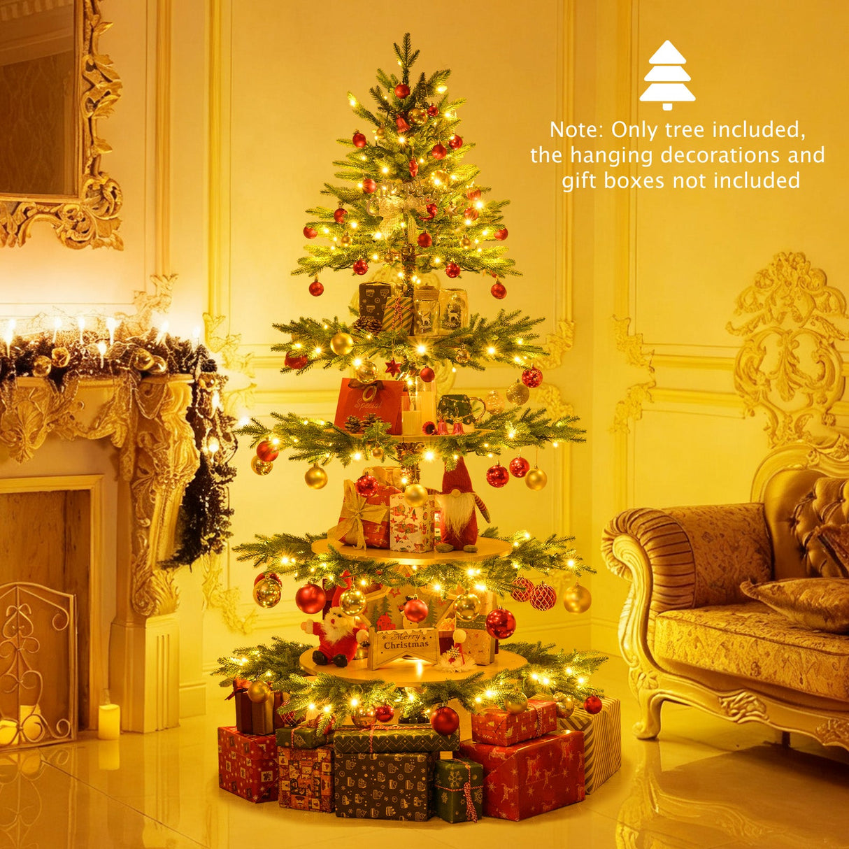 Árbol de Navidad giratorio de 1,95 m, árbol de Navidad artificial de 4 niveles con 280 puntas de rama y 220 luces LED