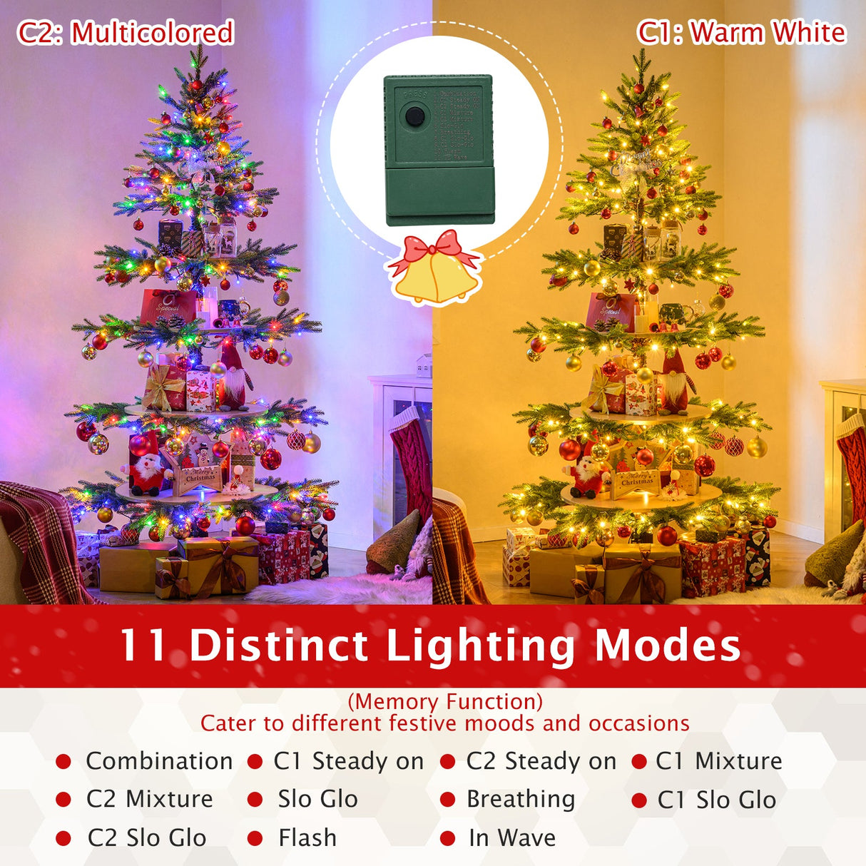 Árbol de Navidad giratorio de 1,95 m, árbol de Navidad artificial de 4 niveles con 280 puntas de rama y 220 luces LED
