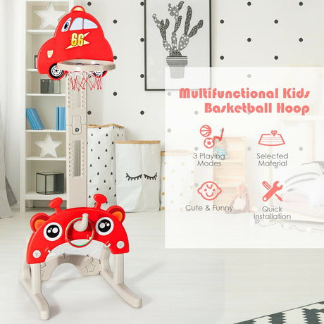 Canasta de baloncesto 3 en 1 para niños, altura ajustable, con pelotas - Roja