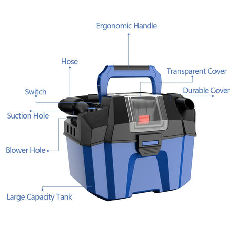 Aspiradora en seco y húmedo de 18 V, 2.7 galones, 4 HP de potencia máxima, inalámbrica, con batería de 2.0 Ah - Azul