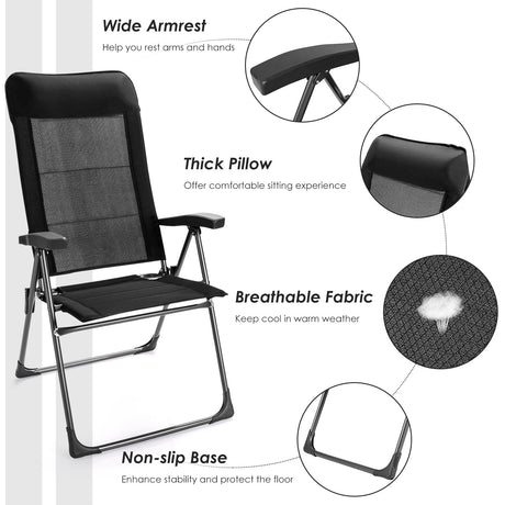 2 sillas plegables portátiles para patio, con reposacabezas ajustable, para camping -Negro