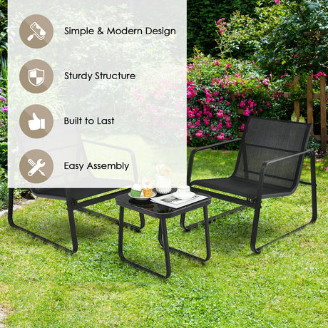 Juego de 3 Muebles de Bistró para Patio con Mesa de Vidrio Jardín Terraza-Negro
