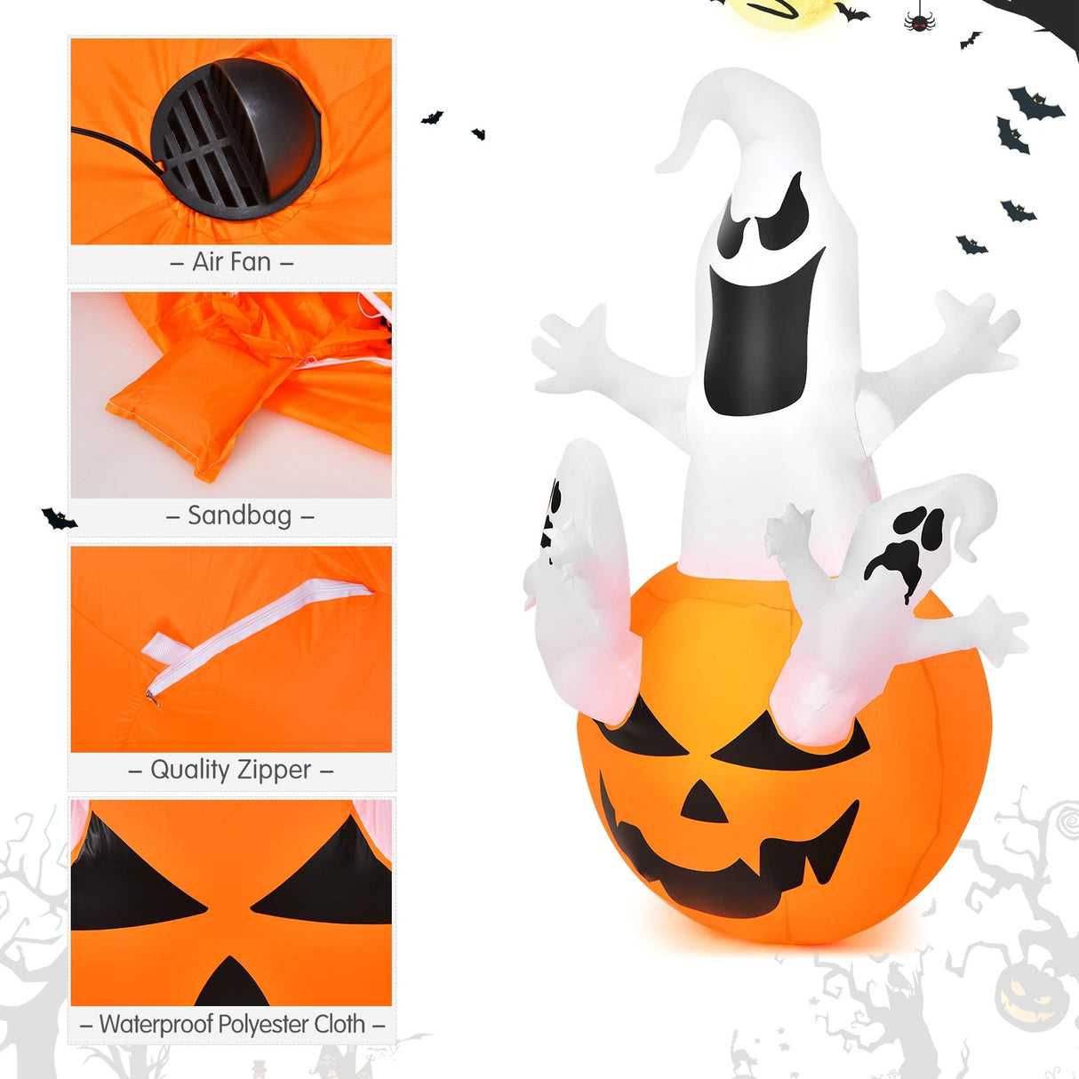 Decoración inflable de jardín de calabaza de Halloween de 1,8 m con luz LED incorporada