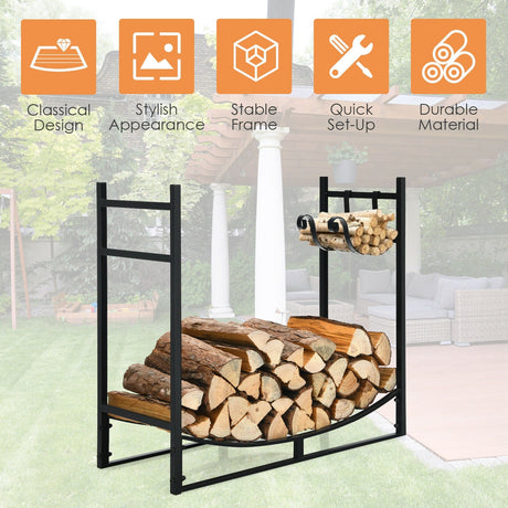 Estante de leña de 33 pulgadas con soporte de astillas extraíble, madera de chimenea de acero