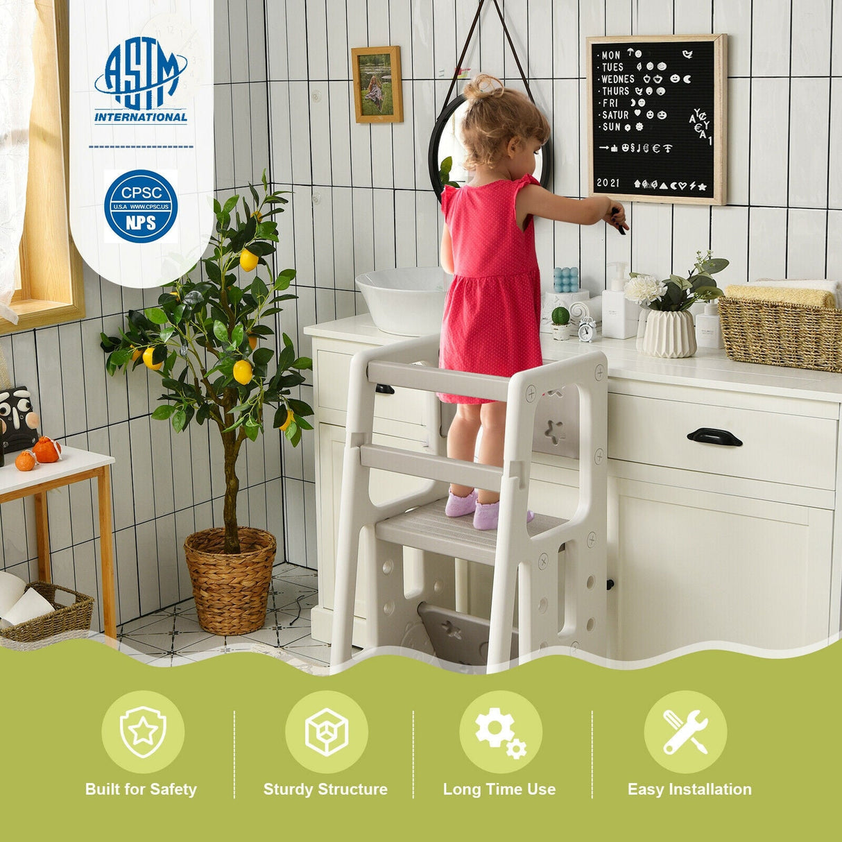 Taburete de cocina para niños con doble barra de seguridad