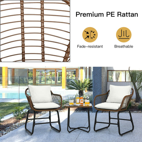 Juego de bistro de ratán para patio de 3 piezas con sillas acolchadas y mesa de cristal