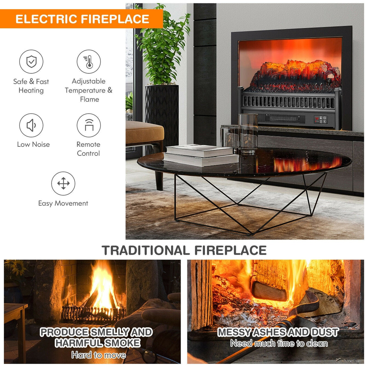 Calefactor de leña eléctrico de 1400 W con brillo de llama ajustable - Negro