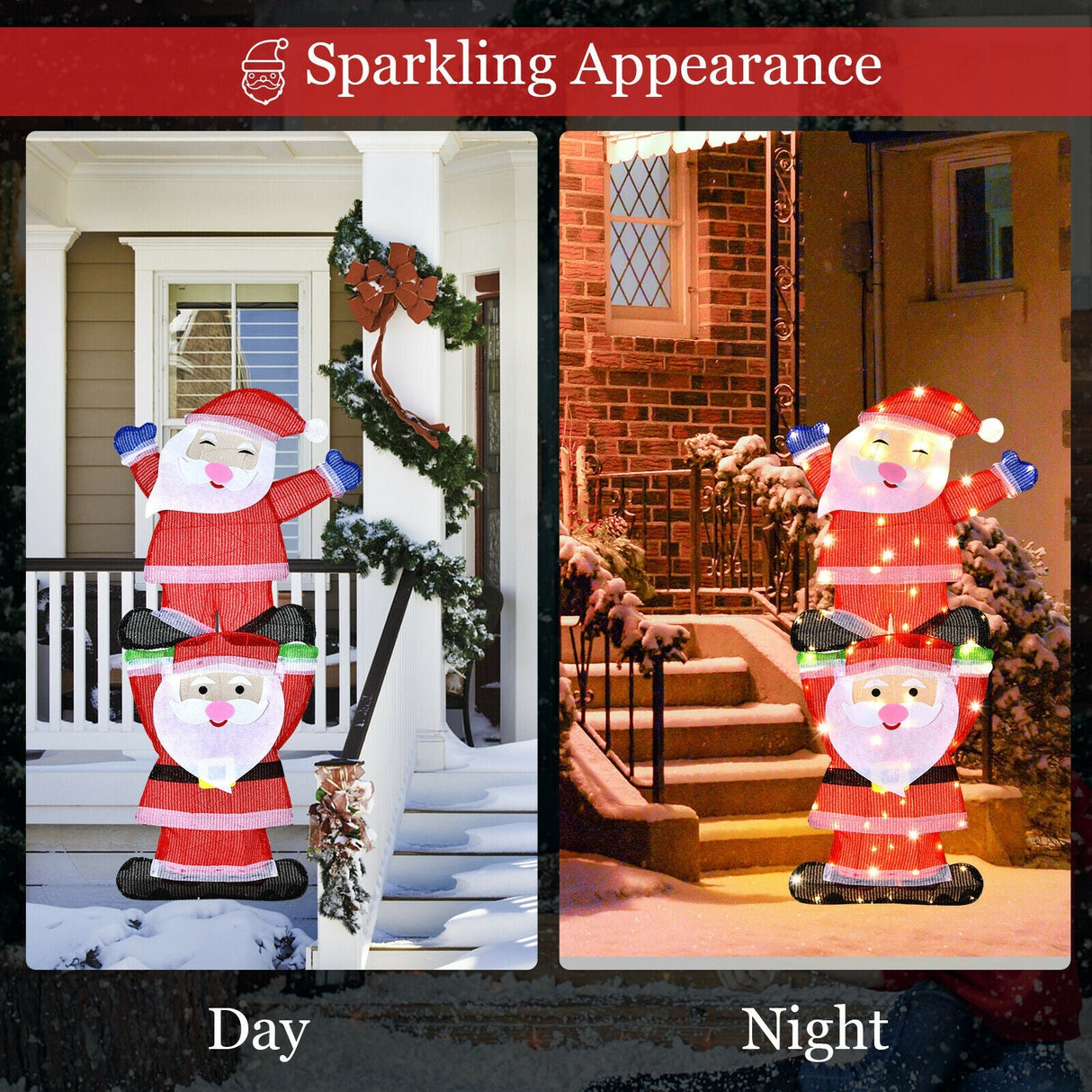 Decoración navideña doble de Papá Noel con luces de cadena y estacas para jardín con LED