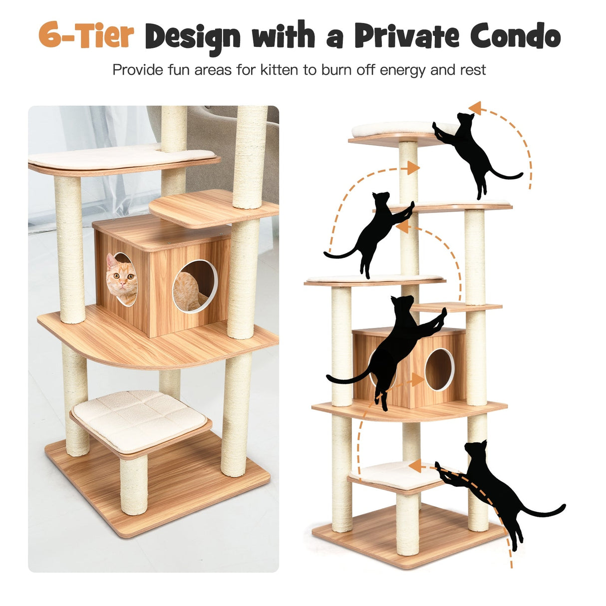 Árbol para gatos de madera de 7 niveles, torre alta para gatos con postes de sisal y condominio