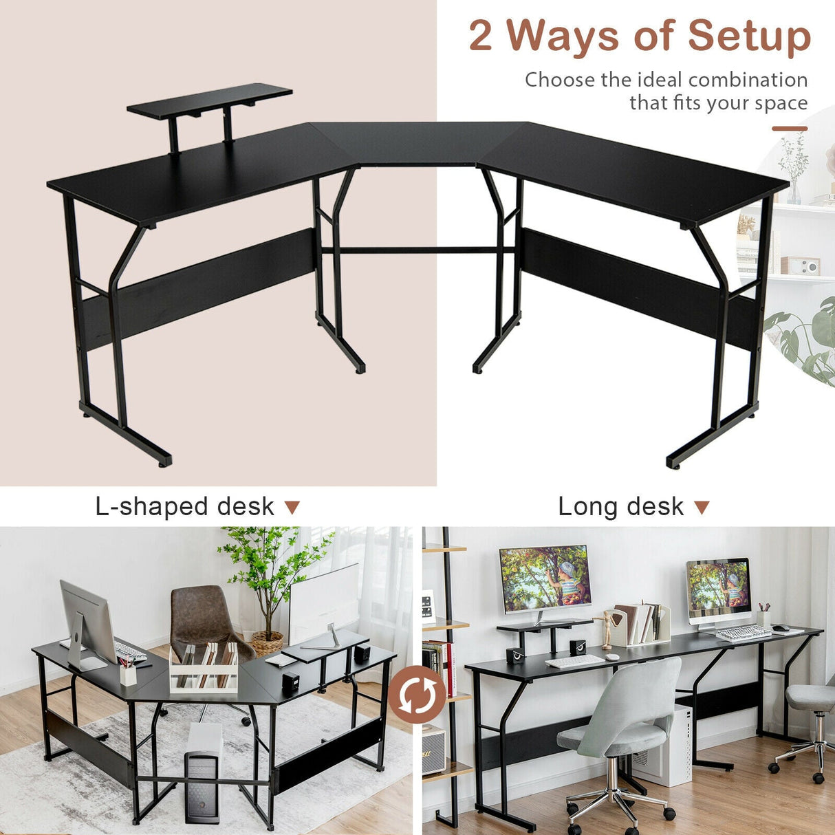 Mesa de escritorio para ordenador en forma de L reversible de 88,5 pulgadas con soporte para monitor