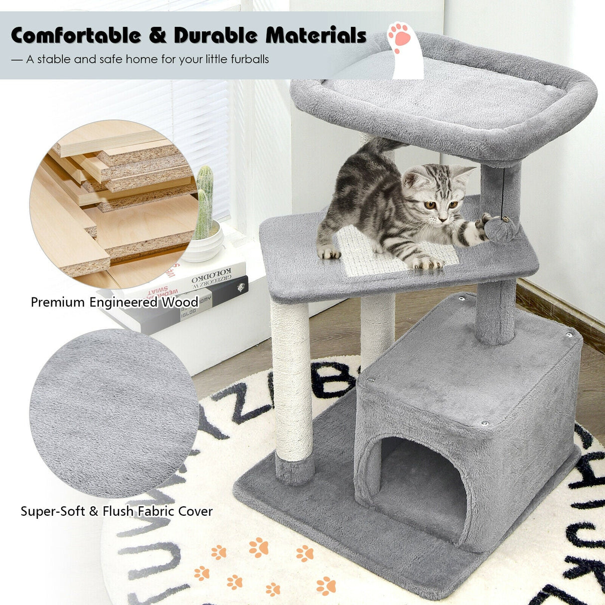 Árbol para gatos con percha y pelota colgante para juego y descanso en interiores