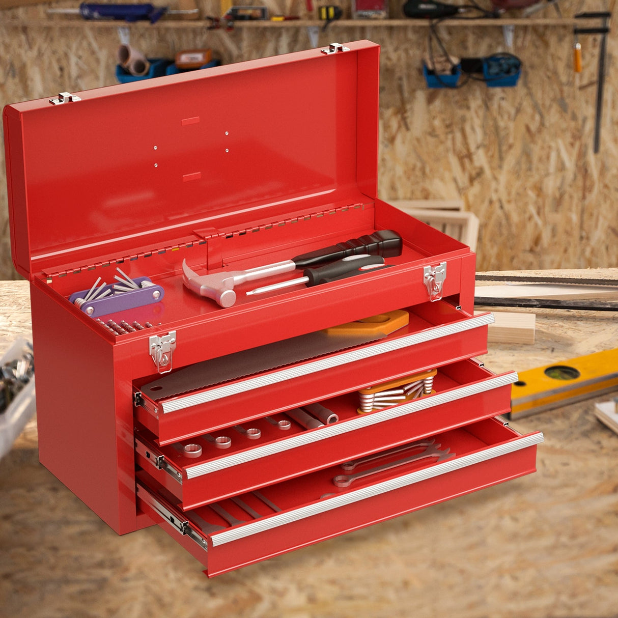 Caja de herramientas portátil para mecánico de garaje con 3 cajones