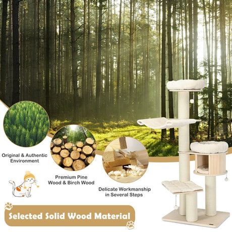 Árbol para gatos de madera de 4 niveles y 68.5 pulgadas, torre de actividades con postes de sisal - Natural