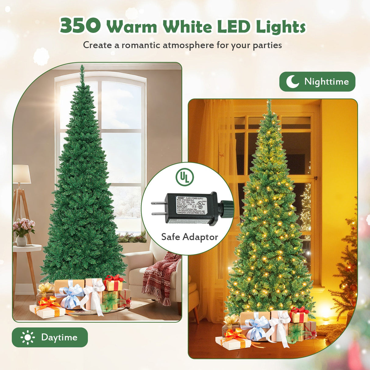 Árbol de Navidad artificial de abeto de 1,37 m preiluminado con bisagras, con forma de lápiz y luces LED