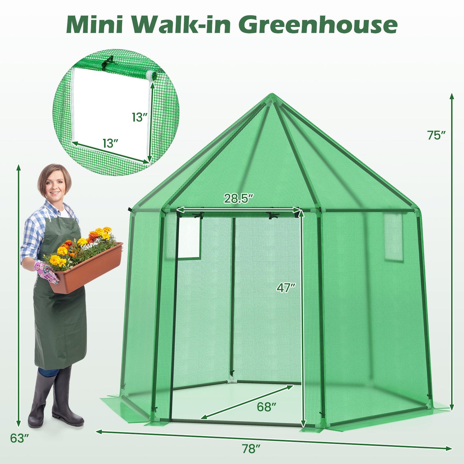 6,5 x 5,6 x 6,2 PIES Invernadero mini portátil para exteriores, casa cálida para invierno con cubierta de PE - Verde