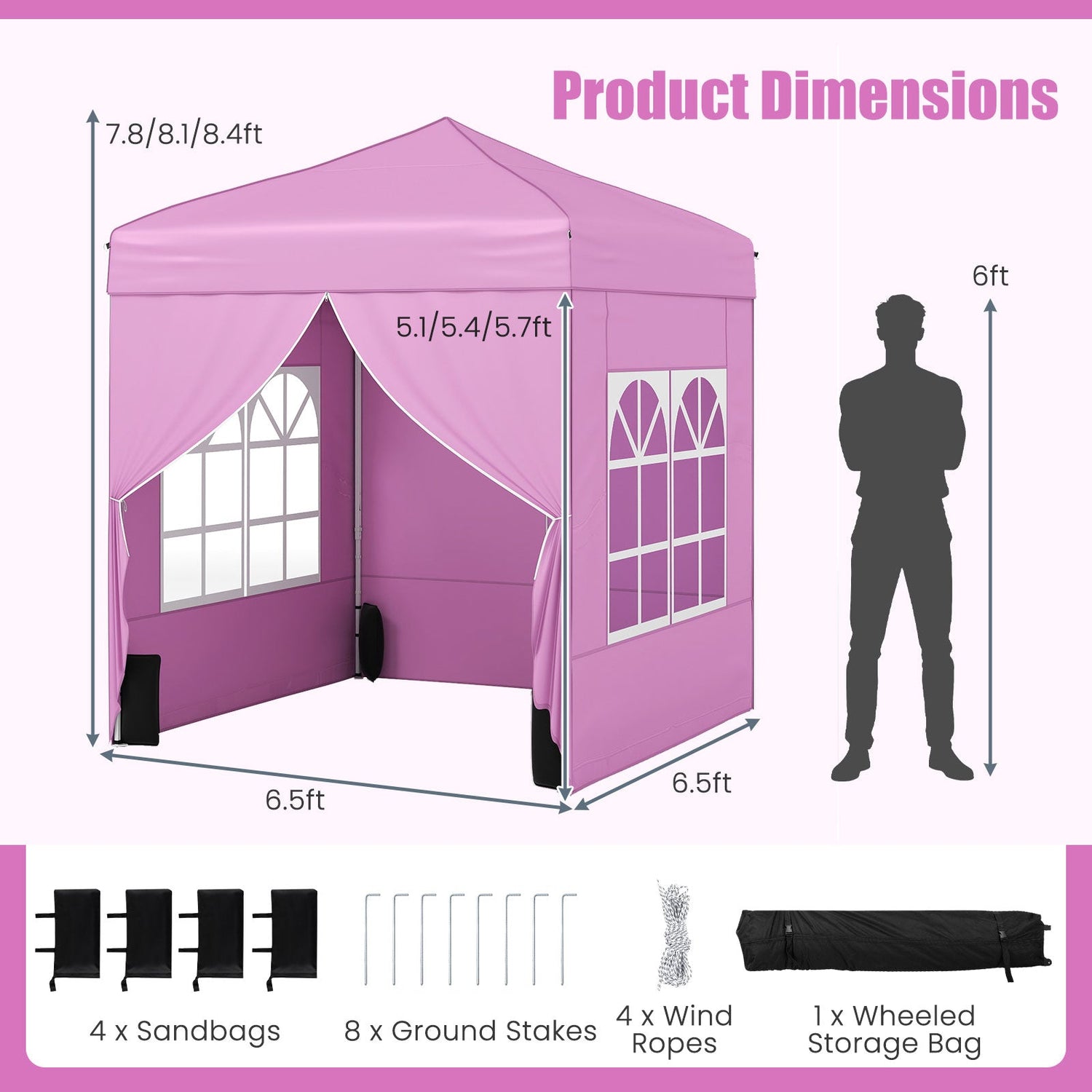 Carpa Plegable de 6.5 x 6.5 FT con 4 Paredes Laterales y Bolsa con Ruedas