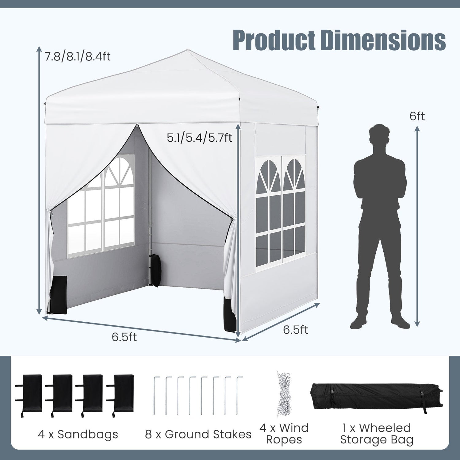 Carpa Plegable de 6.5 x 6.5 FT con 4 Paredes Laterales y Bolsa con Ruedas