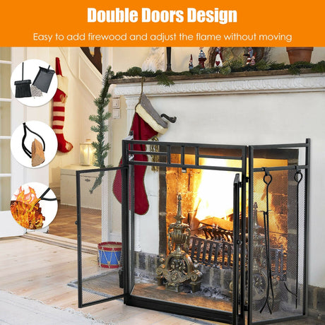 Pantalla plegable de hierro forjado de 3 paneles para chimenea con puertas y juego de 4 herramientas - Negro
